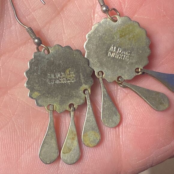 Vintage Signed ALPACA MEXICO Red Round w/Abalone Inlay Earrings Teardrop Dangles - Picture 8 of 10